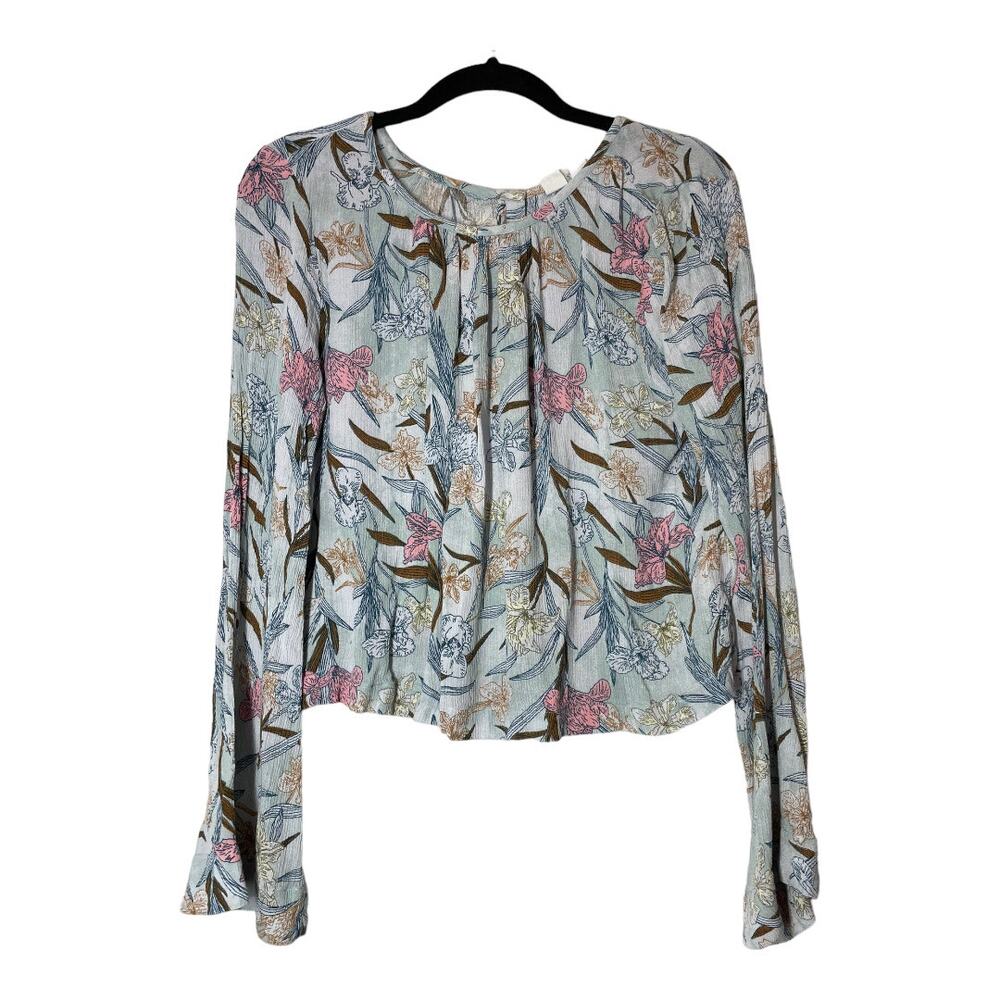 Melrose and Market Blue Floral Blouse Bell Sleeve Cropped Top Small Viscose boho